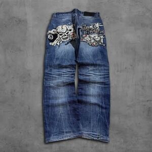 Baggy Y2k Embroidered Denim Jeans Skull Patch Skull Dice Card Grunge Pants 30x29